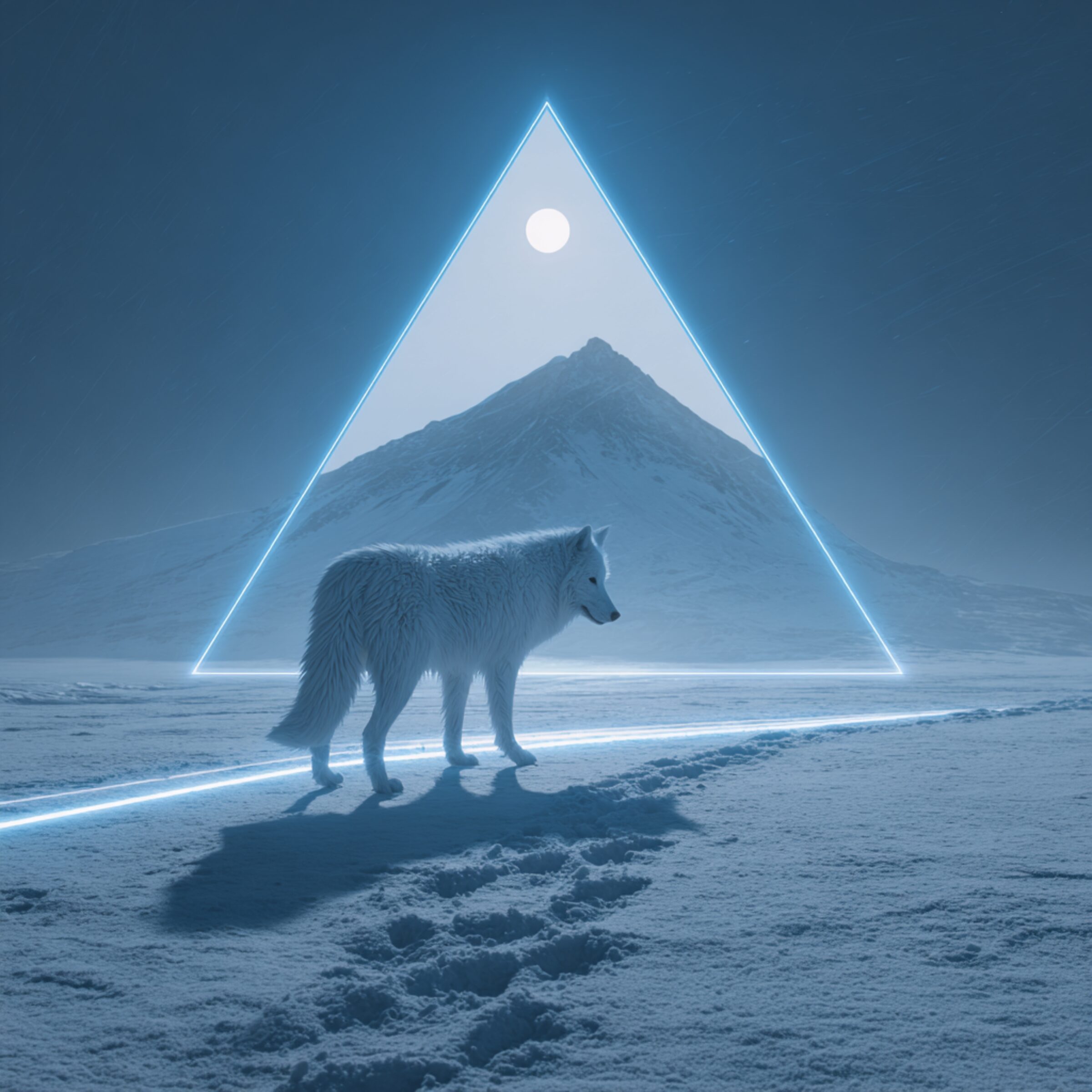 Wolf inside glowing triangle, snow plains