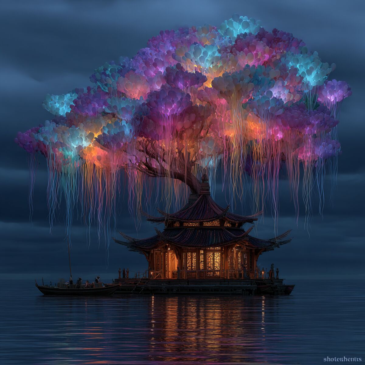 Floating pavilion under bioluminescent tree