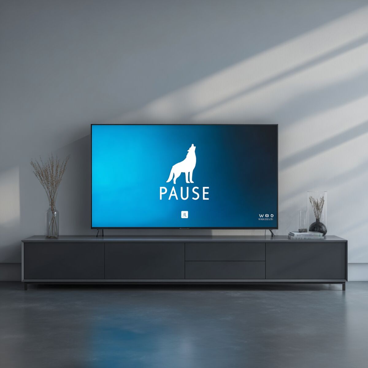 TV showing PAUSE with brand mark